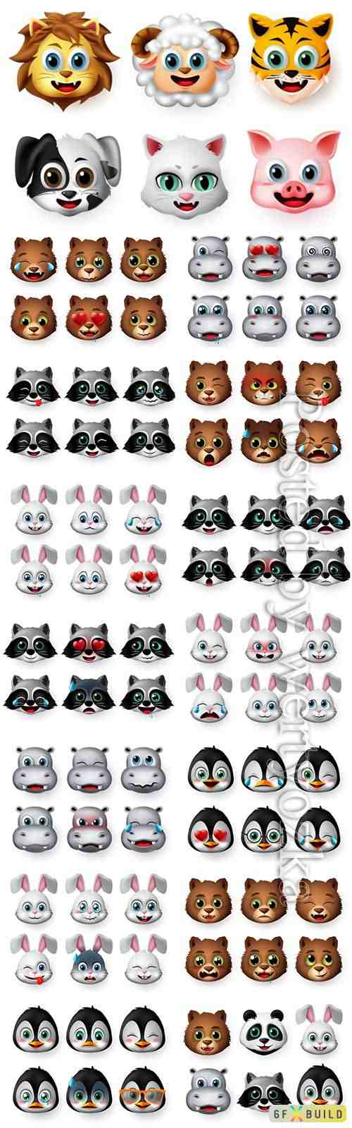 Animals emoji and emoticon happy face vector set