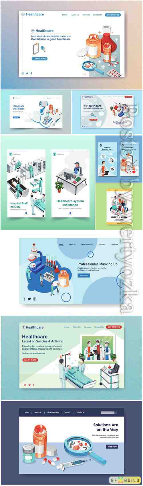 Healthcare website template design with medical equipment