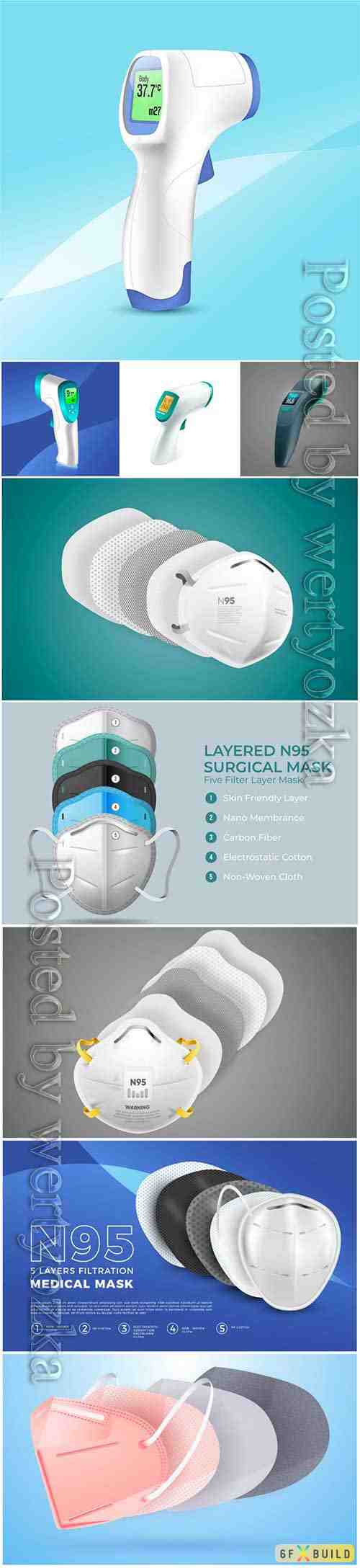 Realistic non-contact infrared thermometer, layered n95 surgical mask vector illustration
