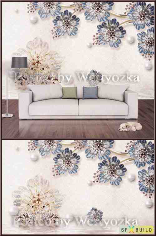 3D psd background wall precious swans blue flowers