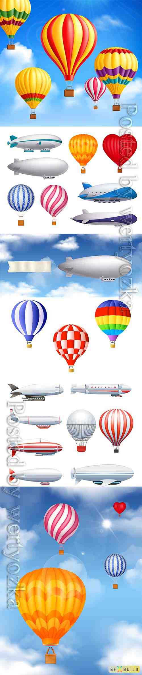 Dirigible and balloons transportation realistic vector set