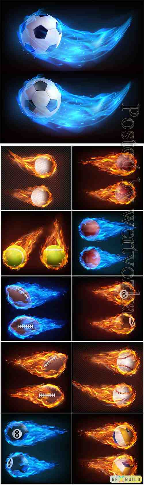 Balls flying in fire realistic vector