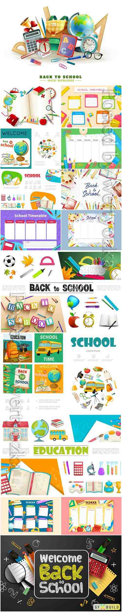 School set and stationery vector illustration