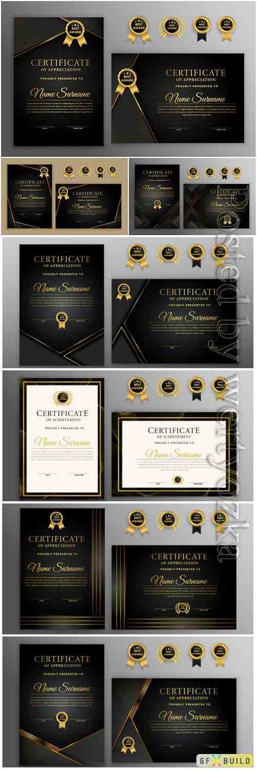 Luxury certificate with gold and black badge vector template