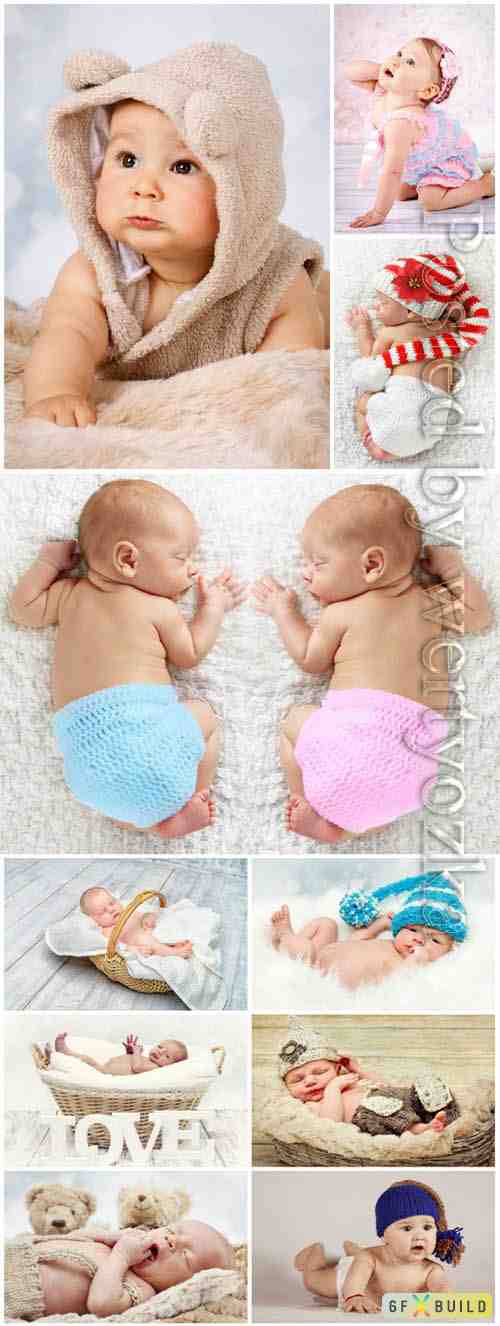 Newborn babies posing in studio stock photo