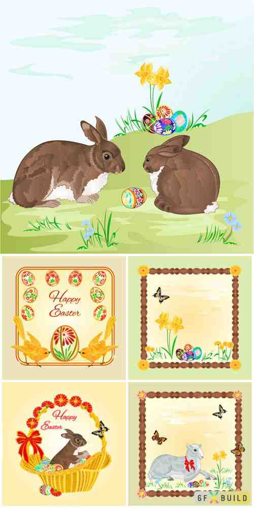 Easter bunnies, vector frames with butterflies