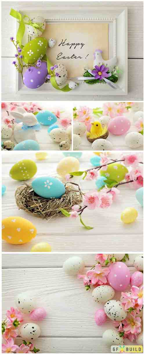 Easter eggs and flowers stock photo