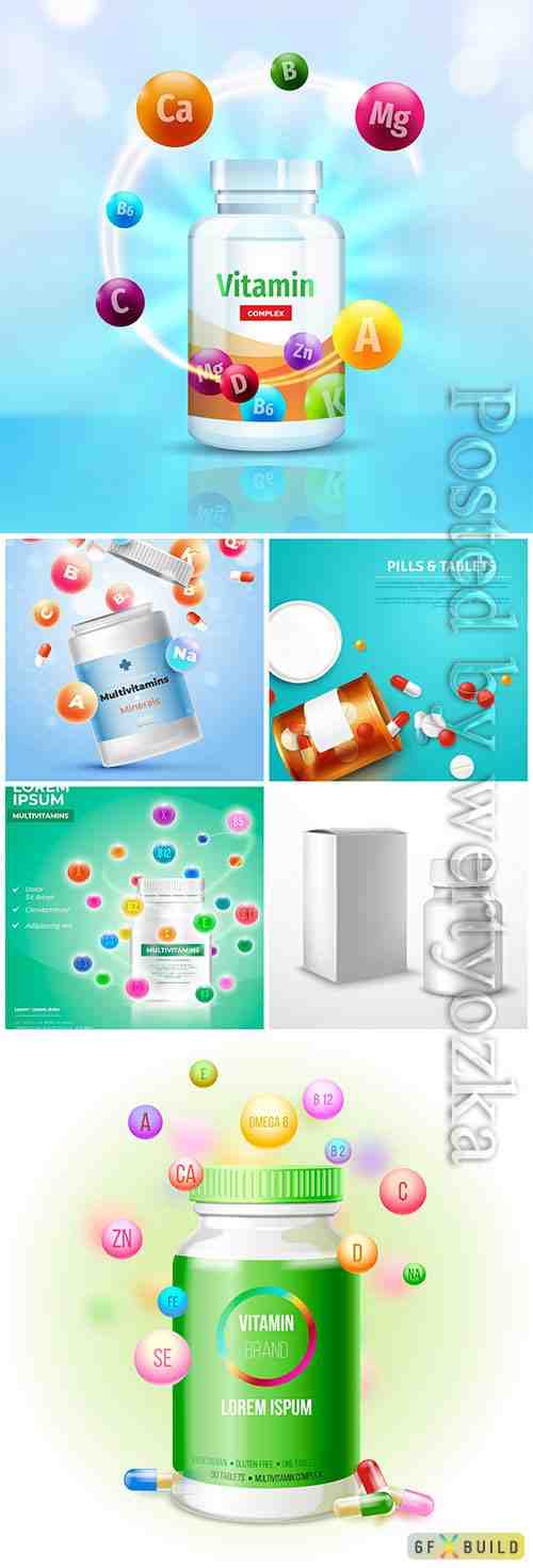 Vitamins and pills in vector