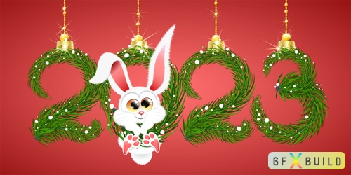 Cute fluffy white cartoon winter rabbit hanging in 2023 new year number