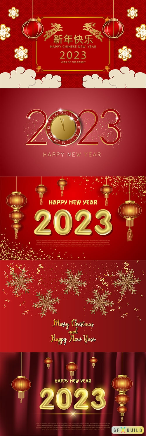 Happy new year 2023 vector with 3d gold number and red curtain background