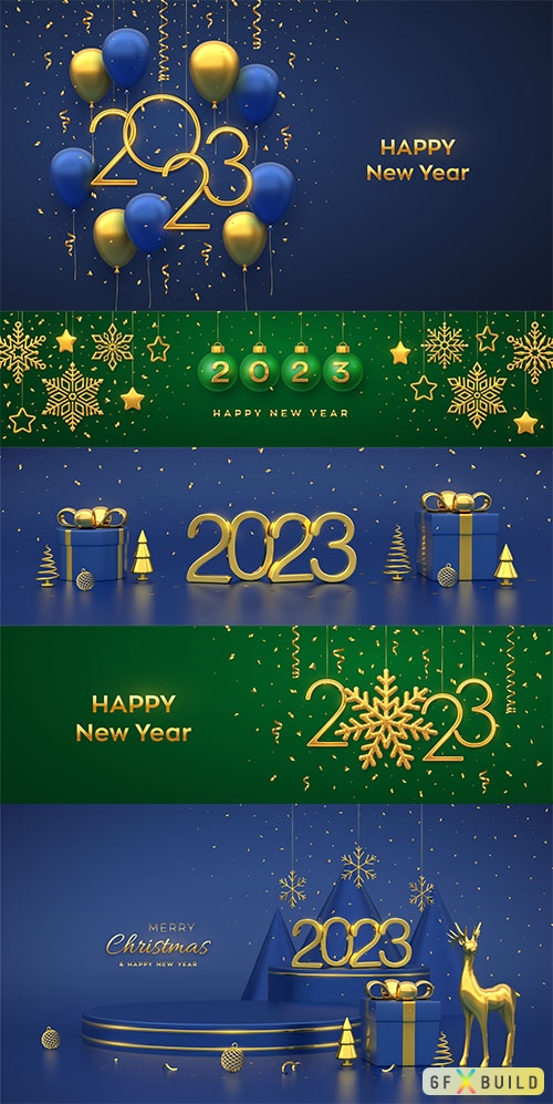 Happy new year 2023 hanging green christmas bauble balls with realistic golden 3d numbers