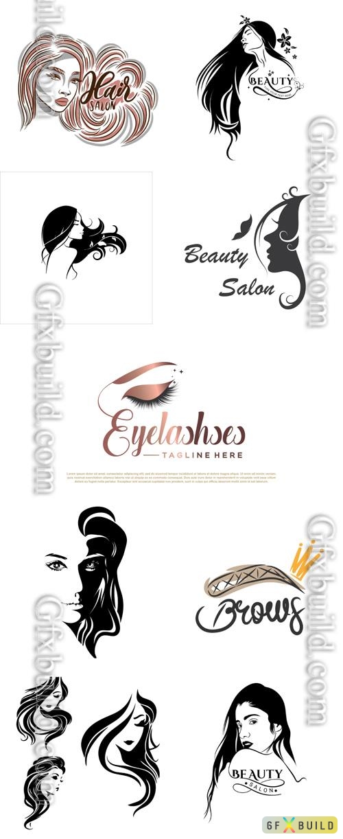 Beauty salon logo design with beautiful girl illustration and calligraphy