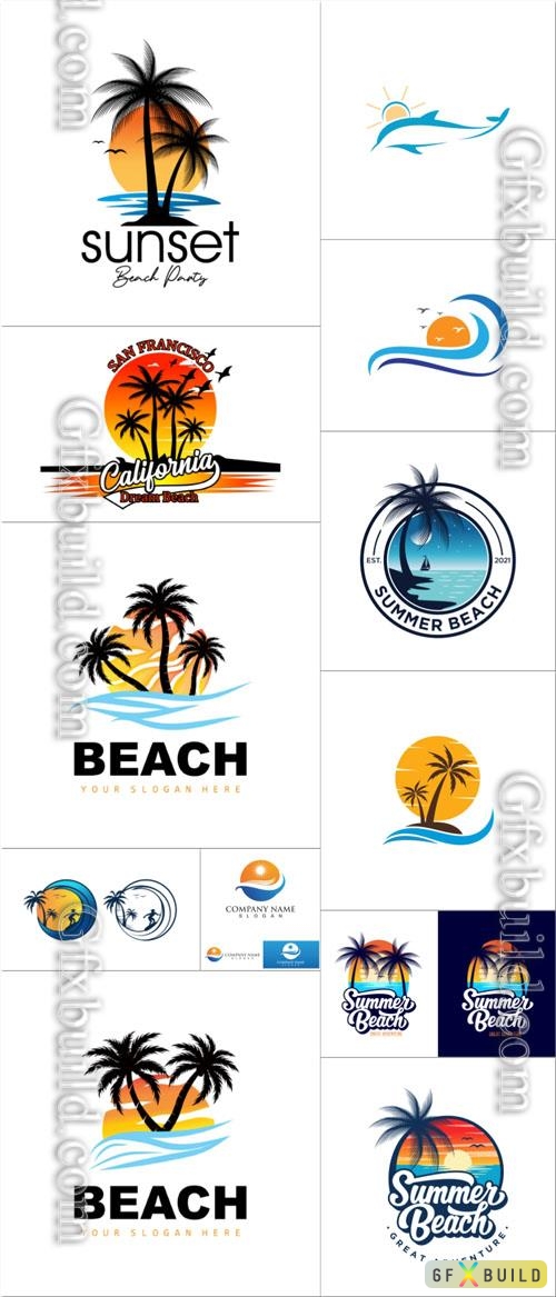 Summer logos vector with beach sunset view design