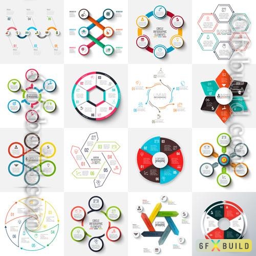 Arrows hexagons circles set and cycle elements infographic templates with 6 options