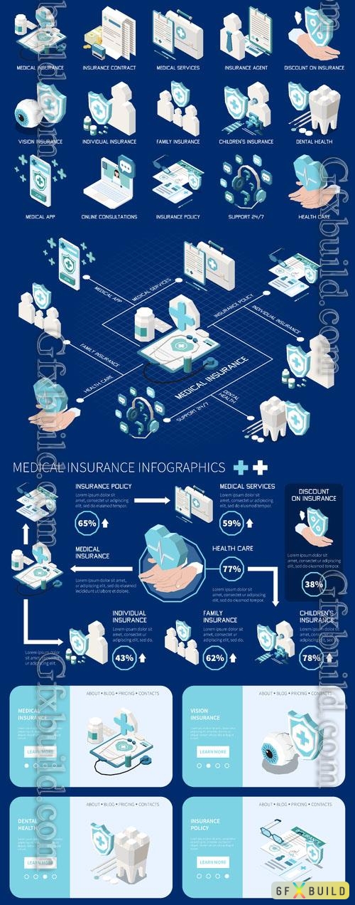 Vector health insurance isometric infographics with medical protection symbols