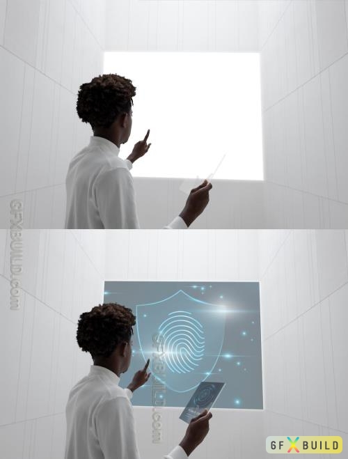 Adobestock - Touch Screen Mockup on a Museum Wall 447310460