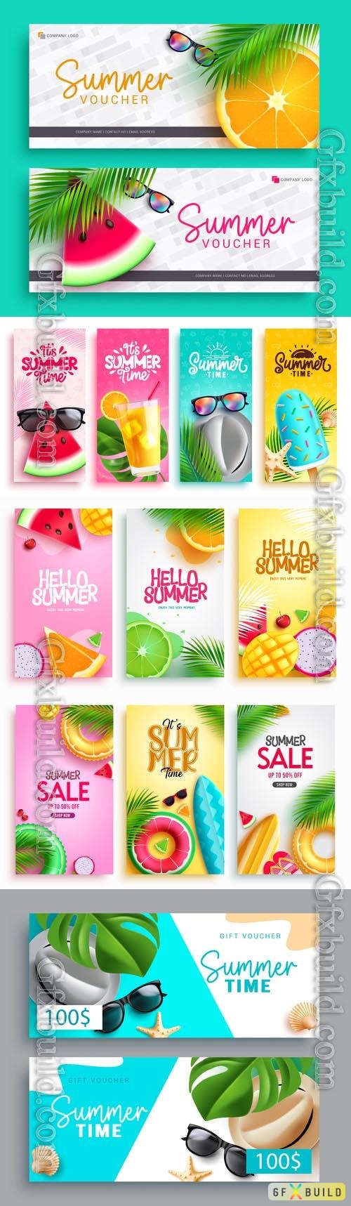 Summer poster vector set, summer sale offer discount