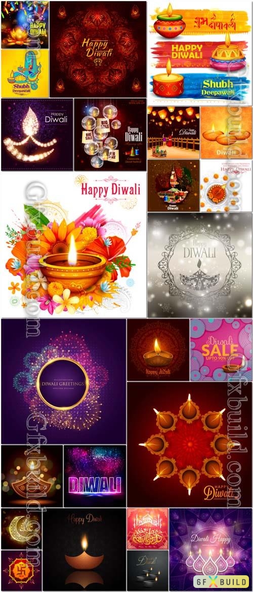 24 Happy Diwali, Indian holiday vector illustration