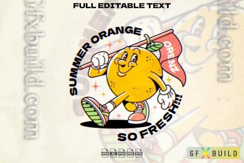 Retro Orange Fruit with Flag Mascot Illustration