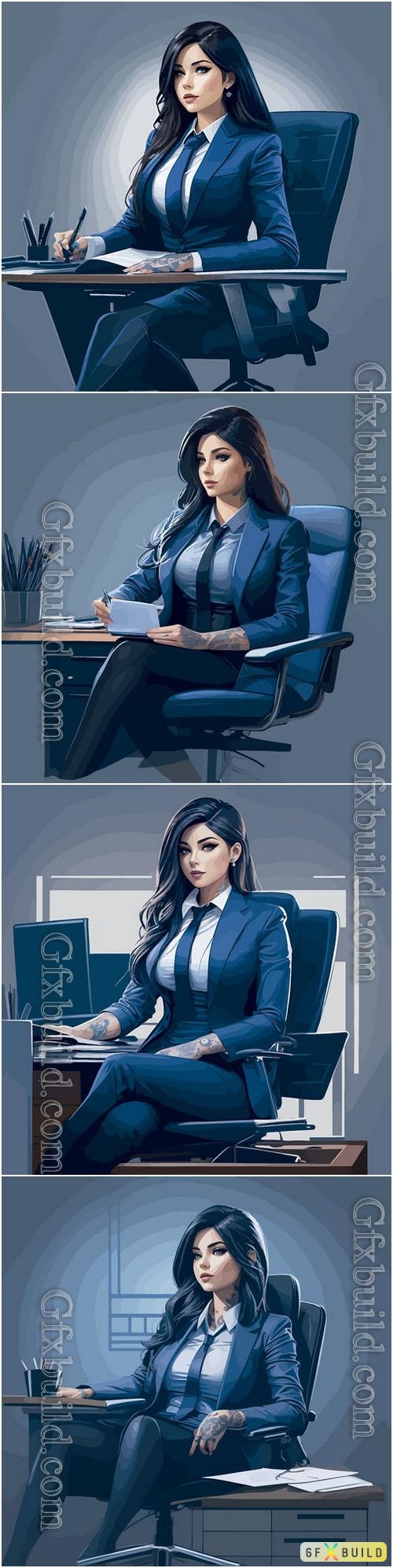 Vector tattooed executive sitting on office chair illustration